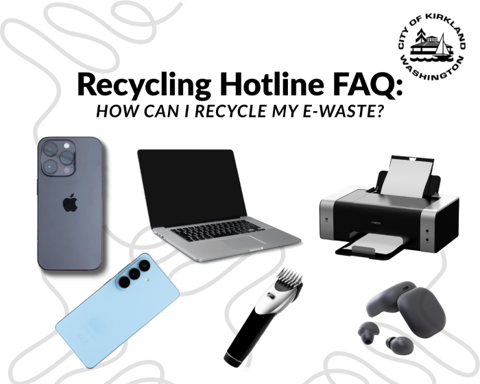 Graphic with phones, laptop, electric razor, printer, and ear buds, saying, "Recycling Hotline FAQ: How Can I Recycle My E-Waste?"
