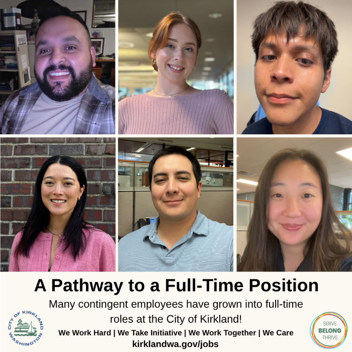 Graphic showing six City of Kirkland employees and text about employees transitioning from contingent to full-time roles
