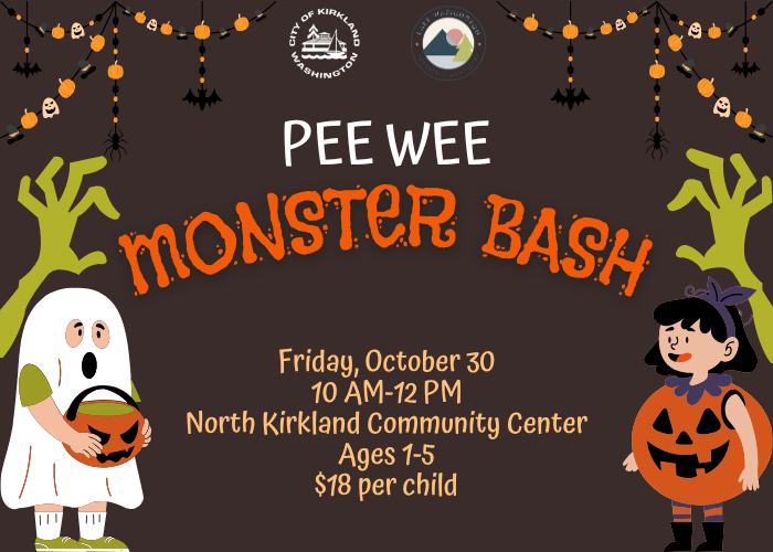 Graphic for the Pee Wee Monster Bash showing spooky hands, little Trick-or-Treaters, Halloween decorations, and event details