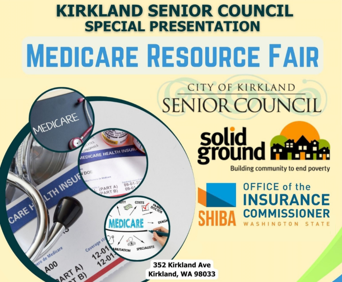 Medicare Resource Fair graphic showing event details, sponsors, and a closeup of Medicare forms
