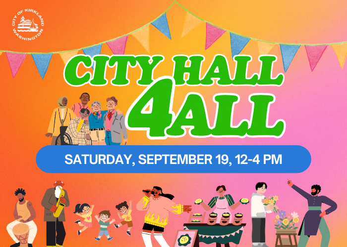 Graphic with City Hall for All title, date, and cartoon people singing, dancing, and gathering