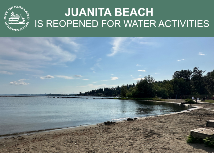 Graphic shows Juanita Beach and announces its reopening for water activities