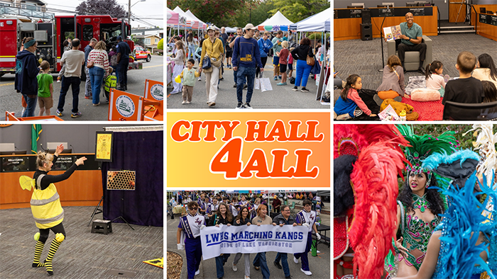 Image collage shows performers, public servants, and attendees at City Hall for All 2026