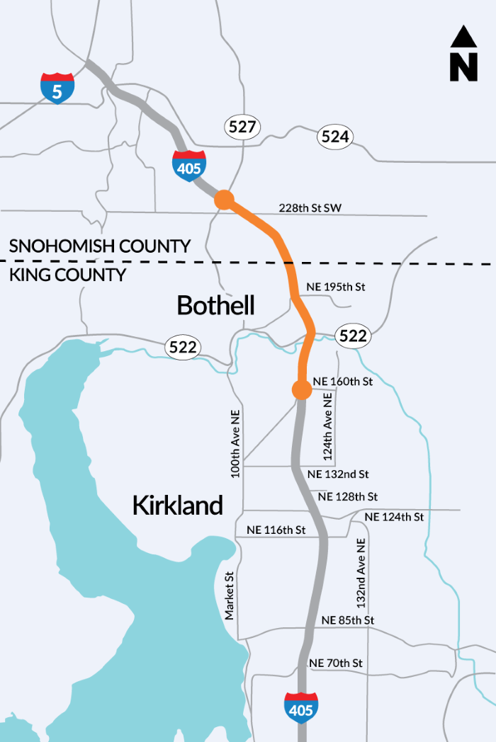 Image shows a map of the I-405/Brickyard to SR 527 Improvement Project work area