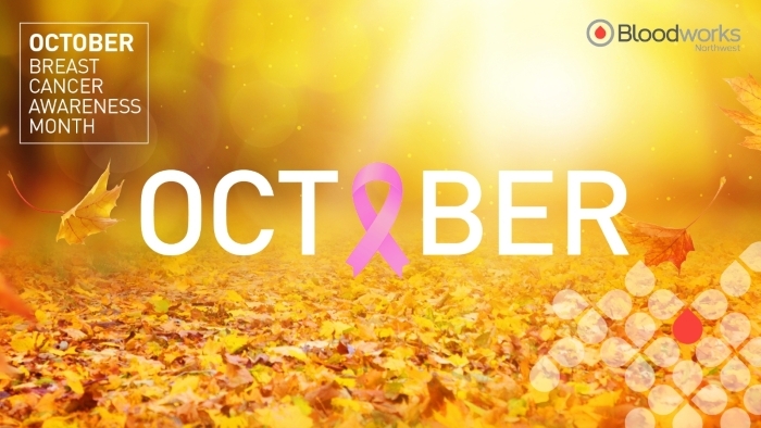 Graphic showing a ribbon and promoting blood donation during October's Breast Cancer Awareness Month