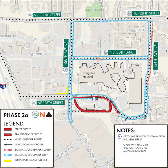 Map showing road construction around Evergreen Hospital for September 24, 2026 traffic alerts