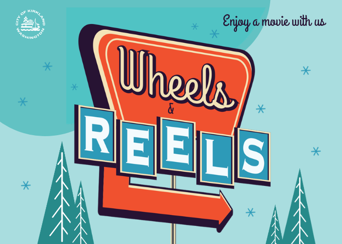 Graphic showing Wheels & Reels on a drive-in movie sign, trees, and snowflakes