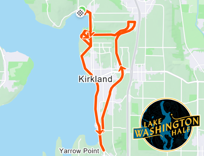 Map shows Lake Washington Half Marathon route and has event logo in the corner