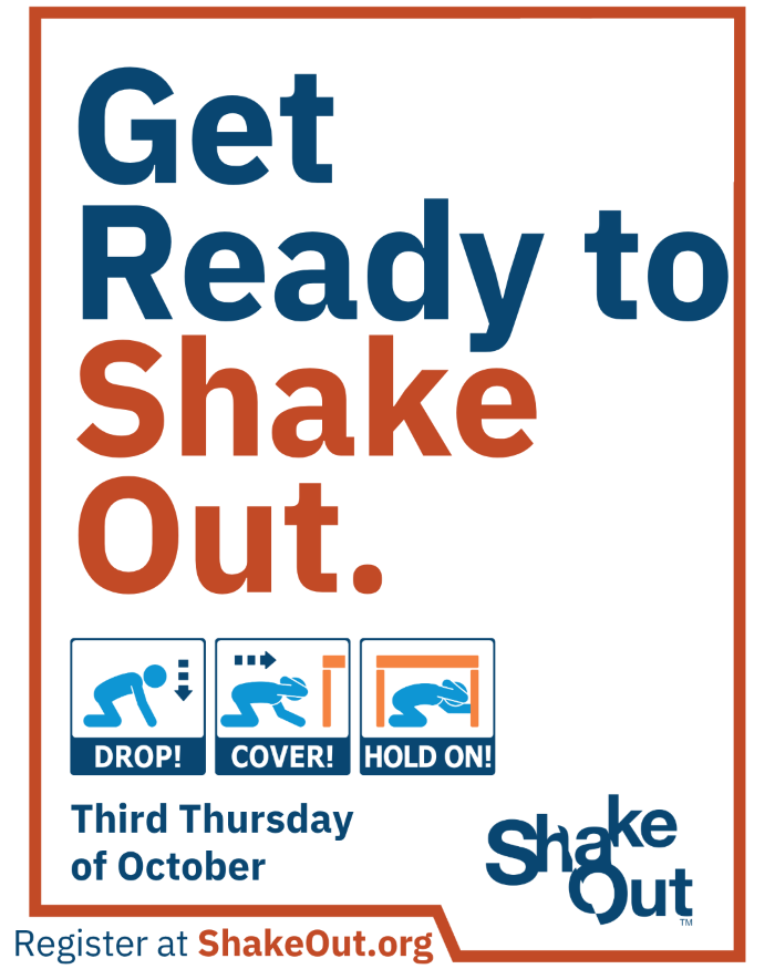 Graphic says, "Get ready to Shake Out" and shows drop, cover, and hold on