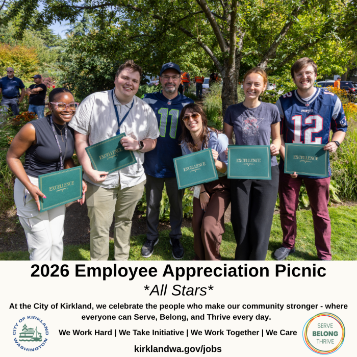 Image shows five City of Kirkland staff members with the City Manager