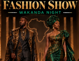 Image advertises Africans on the Eastside's 2026 Fashion Show: Wakanda Night and shows two models