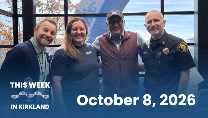 'This Week in Kirkland' podcast hosts and guests pose together for October 8, 2026 episode