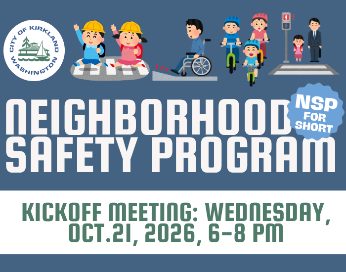 Graphic advertises 2026 Neighborhood Safety Program Kickoff Meeting with event details and art showing pedestrians
