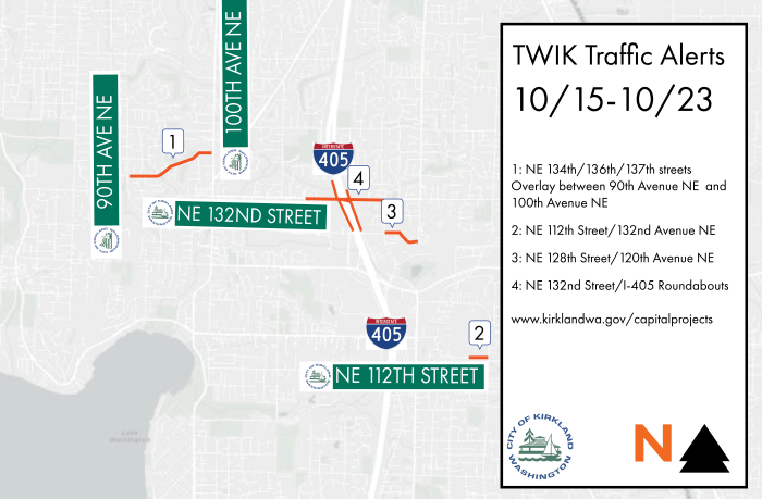 Map shows road construction in Kirkland from October 15-23, 2026