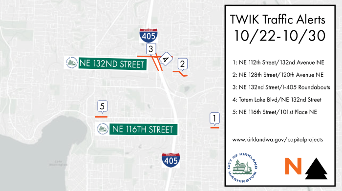 Map showing locations of road construction projects in Kirkland from October 22-30, 2026