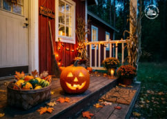 Image of Halloween decorations on a porch and the City of Kirkland logo in the corner