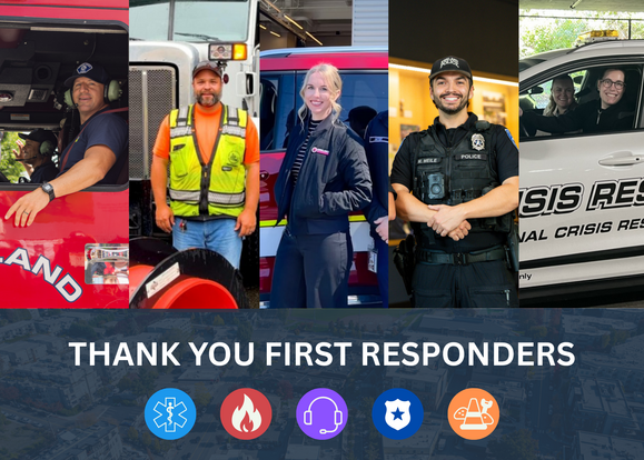 Graphic says, "Thank you first responders" and shows six City of Kirkland employees from across departments