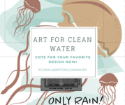Design of jellyfish with the Art for Clean Water title and a link to the voting site