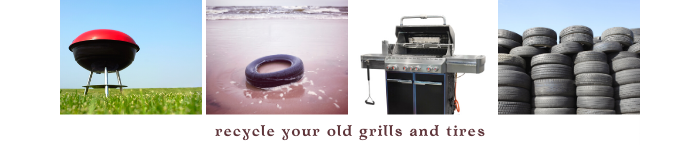 Images of old tires and grills, barbecues, smokers