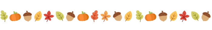 Leaves, pumpkins, and acorns in a line.