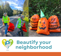 Beautify your neighborhood. Two people picking up litter with pickers and litter bags. 