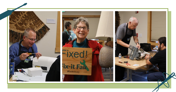 People fixing household appliances, person holding up lamp with a sign that reads "fixed!"