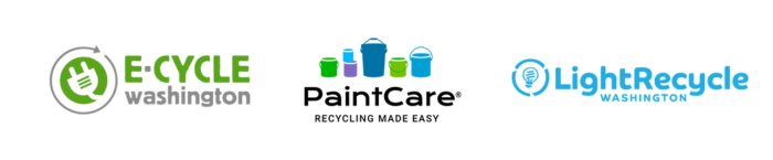 Product stewardship logos, including E-Cycle Washington, PaintCare, LightRecycle Washington