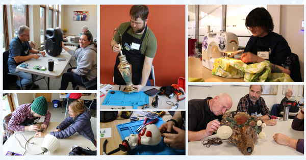 A collection of photos of volunteers fixing items including a speaker, lamps, vintage snowman decoration, and clothing.  