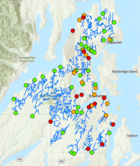 A map of the Kitsap County area with red, yellow, and green dots documenting the health of local streams.