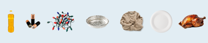 Examples of items you can search on the Waste Wizard: Cooking oil, batteries, string lights, aluminum tins, sweaters, paper plates, and turkey.  