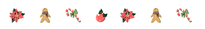 Poinsettia, gingerbread cookie, candy cane, and ornament in a line