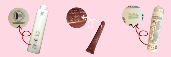 Shampoo bottle with 100% Recycled Plastic label. A lipgloss with 30% PCR label. Face wash with "This bottle is made from 50% recycled plastic" label.