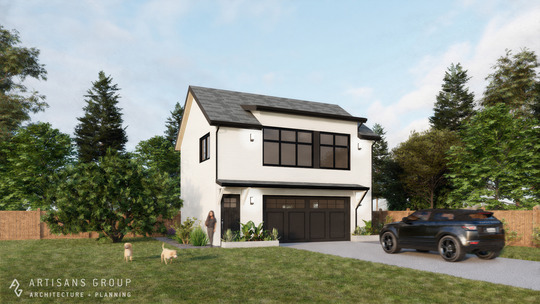 The "Kitsap" ADU image with a young lady and her two dogs in the yard