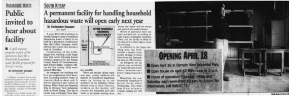 Collage of newspaper clippings of the opening of the first Household Hazardous Waste Collection Facility in Kitsap County.