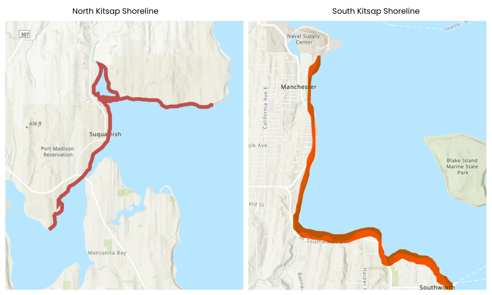 Map highlighting the North and South Kitsap shoreline sampling sites in red.