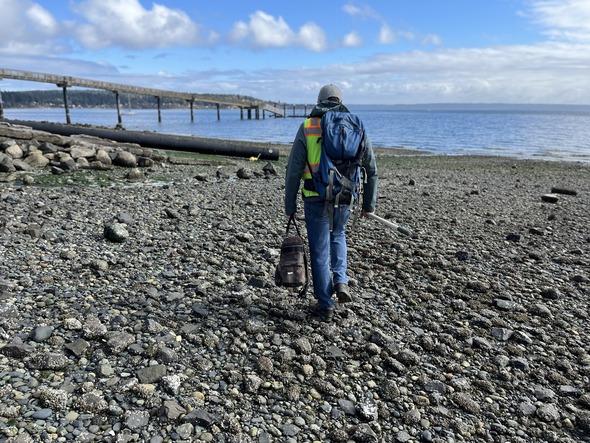 A man with a backpack walking along the Suquamish shoreline.
