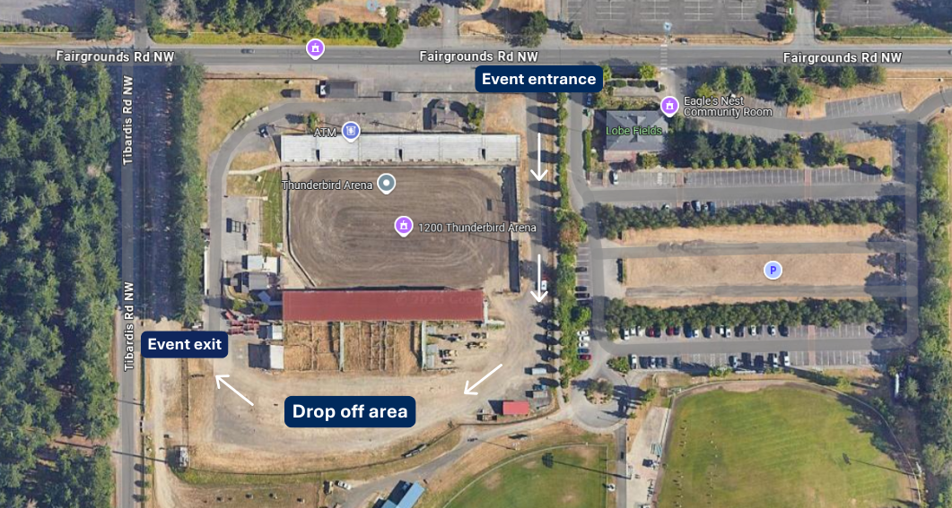 A map showing the entrance to the tire collection event at Fairgrounds Road NW.