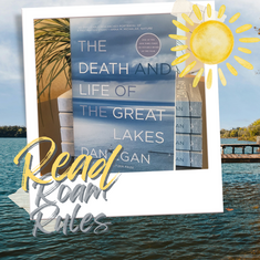 long lake photo background with a photo of monthly book club choice on top