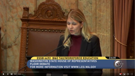 Screen grab from the video of Rep. Lekanoff speaking on the House floor in support of SB 6492