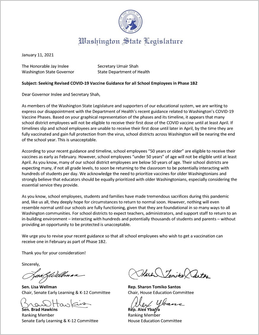 Letter to Inslee, DOH on vaccinating ed employees