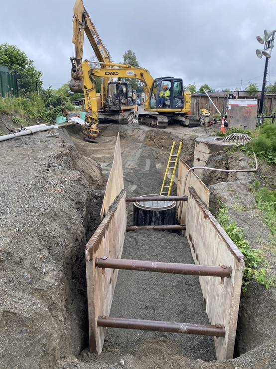 Backfilling the 24” PVC sewer pipe trench.