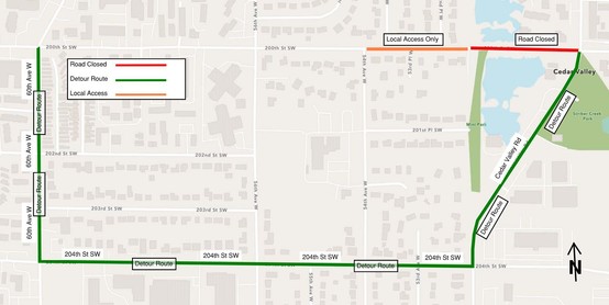 Road Closure Map for Scriber Creek Trail Improvement Project at Cedar Valley Rd and 200th St SW