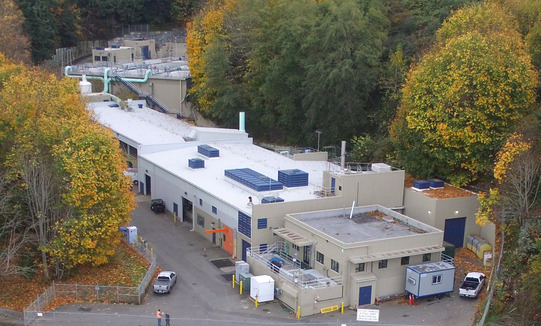 An aerial view of Lynnwood's Wastewater Treatment Plant along the Puget Sound
