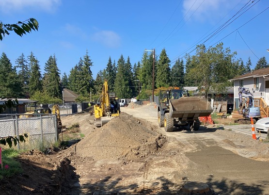 204th St SW Utility work continues to the east of the new College Place Elementary driveway.
