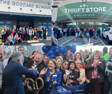 Collage of grand opening events including the Goddard School, Bella's Voice and the Light Rail