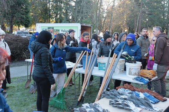 Volunteers grabbing their tools at the MLK Day of Service