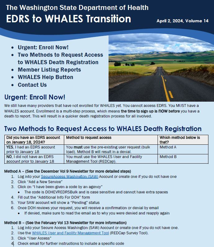 WHALES transition newsletter snip with instructions to access new registration 