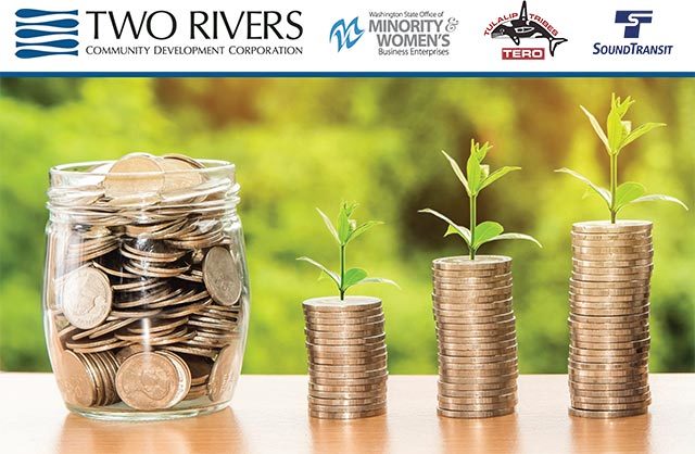 Coins with green sprouts growing from them and logo sponsors at the top