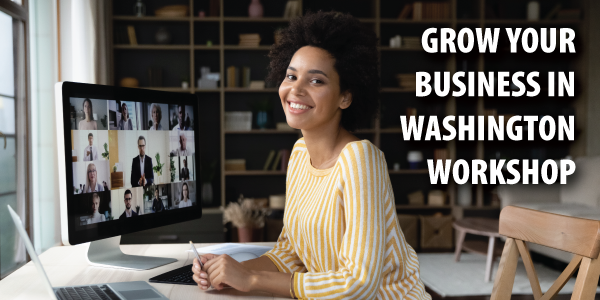 Grow Your Business In Washington white text with photo of Black woman sitting with computer