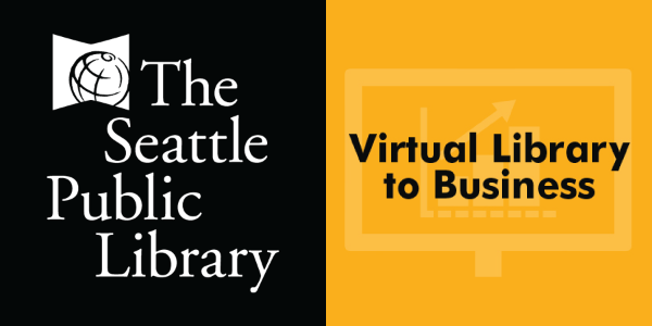 Seattle Public Library Logo in white on a black background next to Virtual Library Business logo in black letters on a yellow background